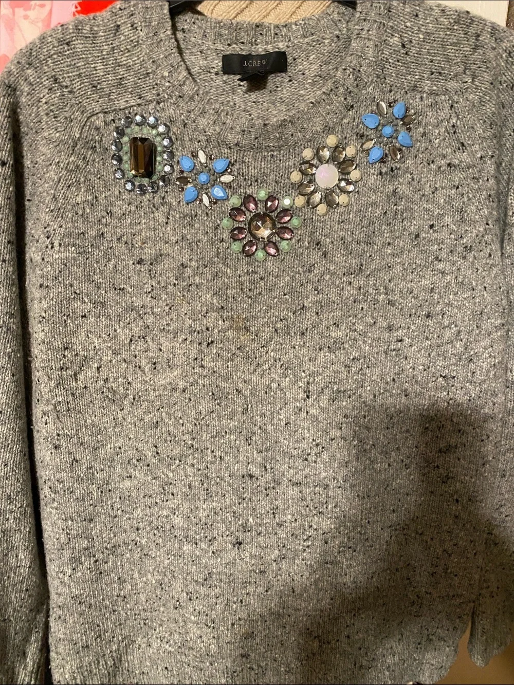 J. Crew Gray Sweater with Blue, Green and Gold Jewel Accents
